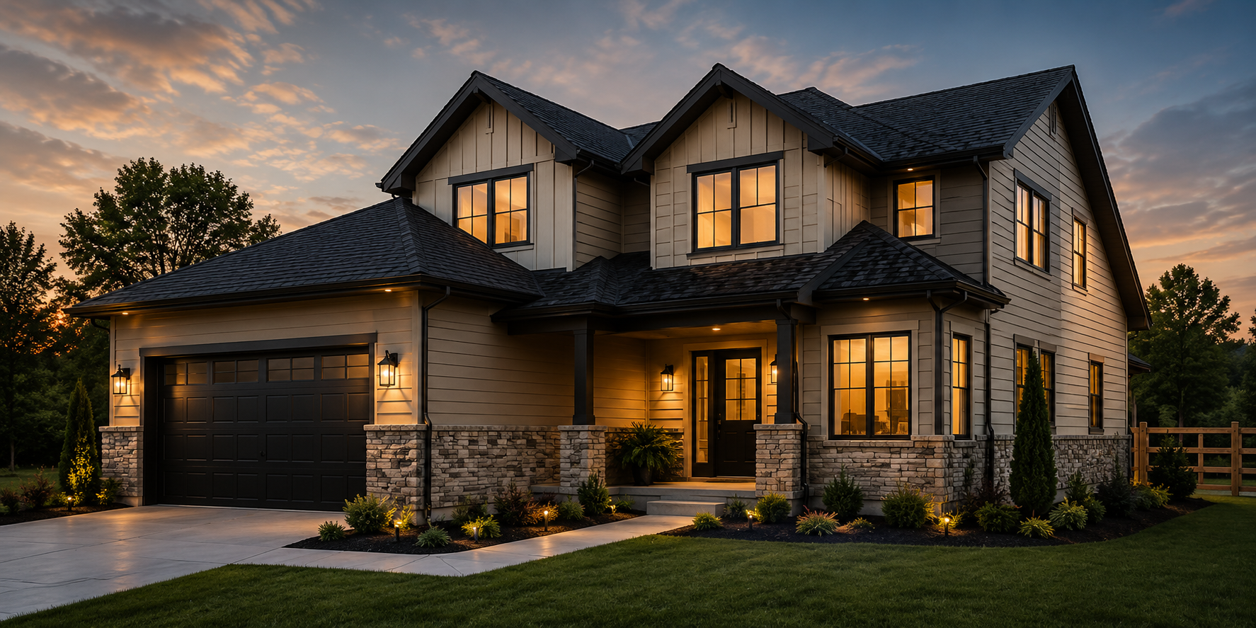 Completed luxury custom home at golden hour with warm lighting
