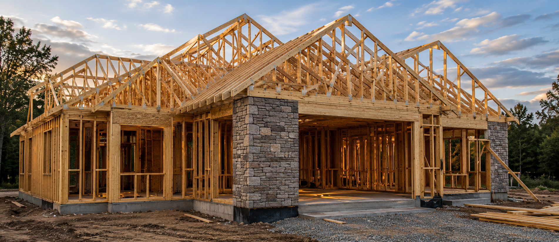 Luxury home under construction with wood framing and trusses